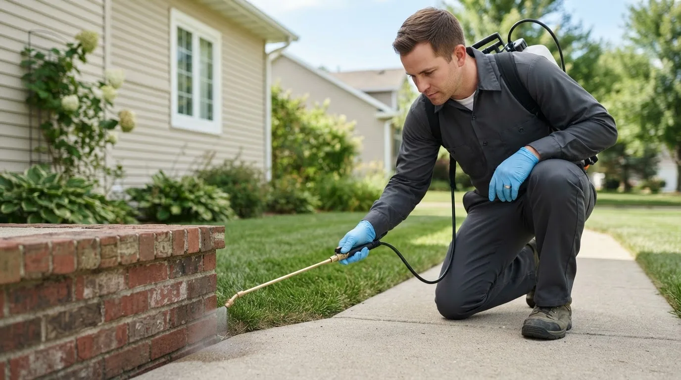 Pest control technician treating a home near Topinabee, MI