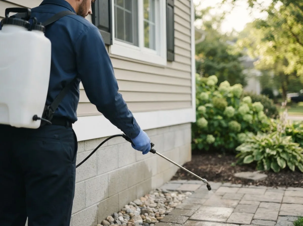 Pest control technician inspecting a home in Topinabee, MI
